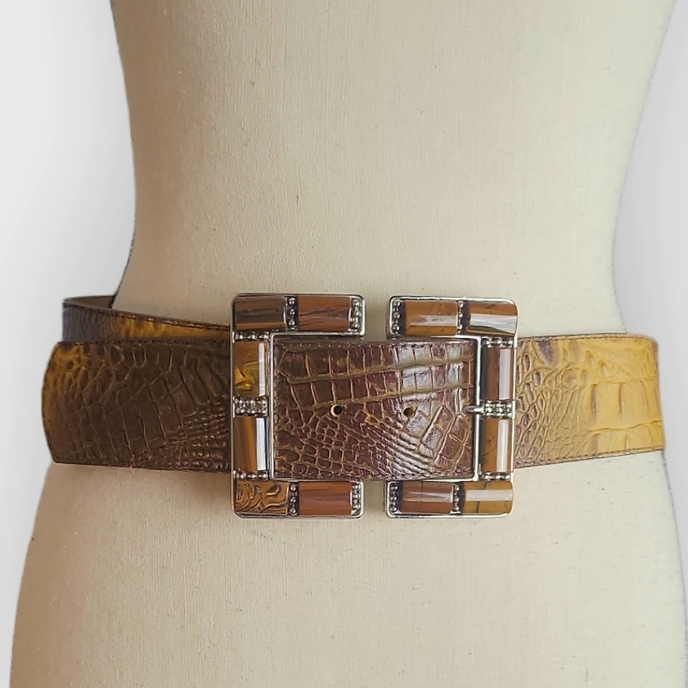 Brown Crocodile Pattern Belt with Silver Buckle